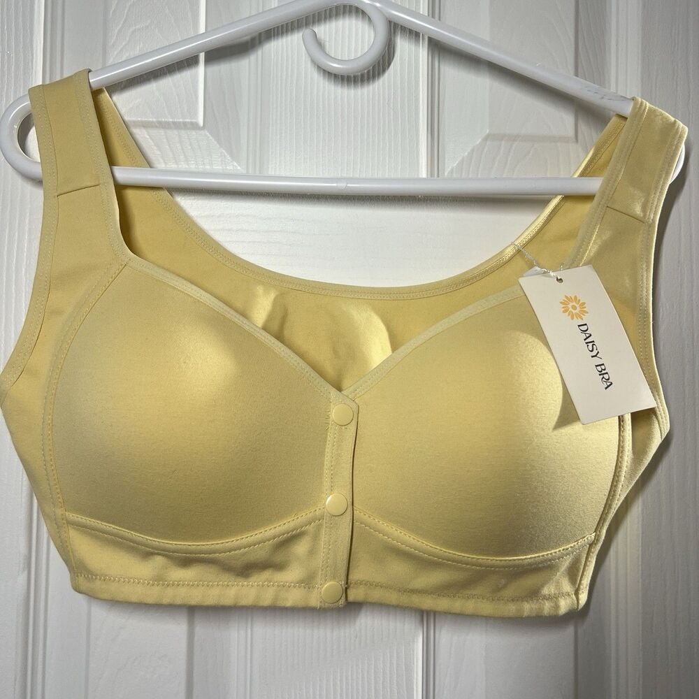 New Daisy Bra Front Button Closure Comfort Bra Size XL Padded Wireless Yellow